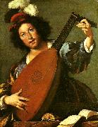 Bernardo Strozzi lutspelare oil on canvas